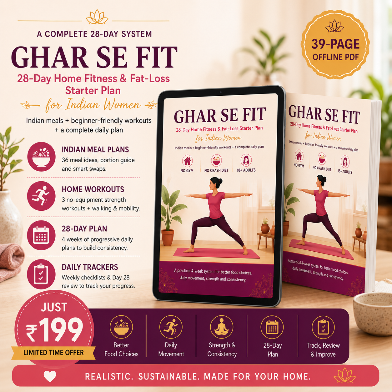 GHAR SE FIT | 28-Day Home Fitness & Healthy Eating Starter Plan for Indian Women (39-Page PDF)