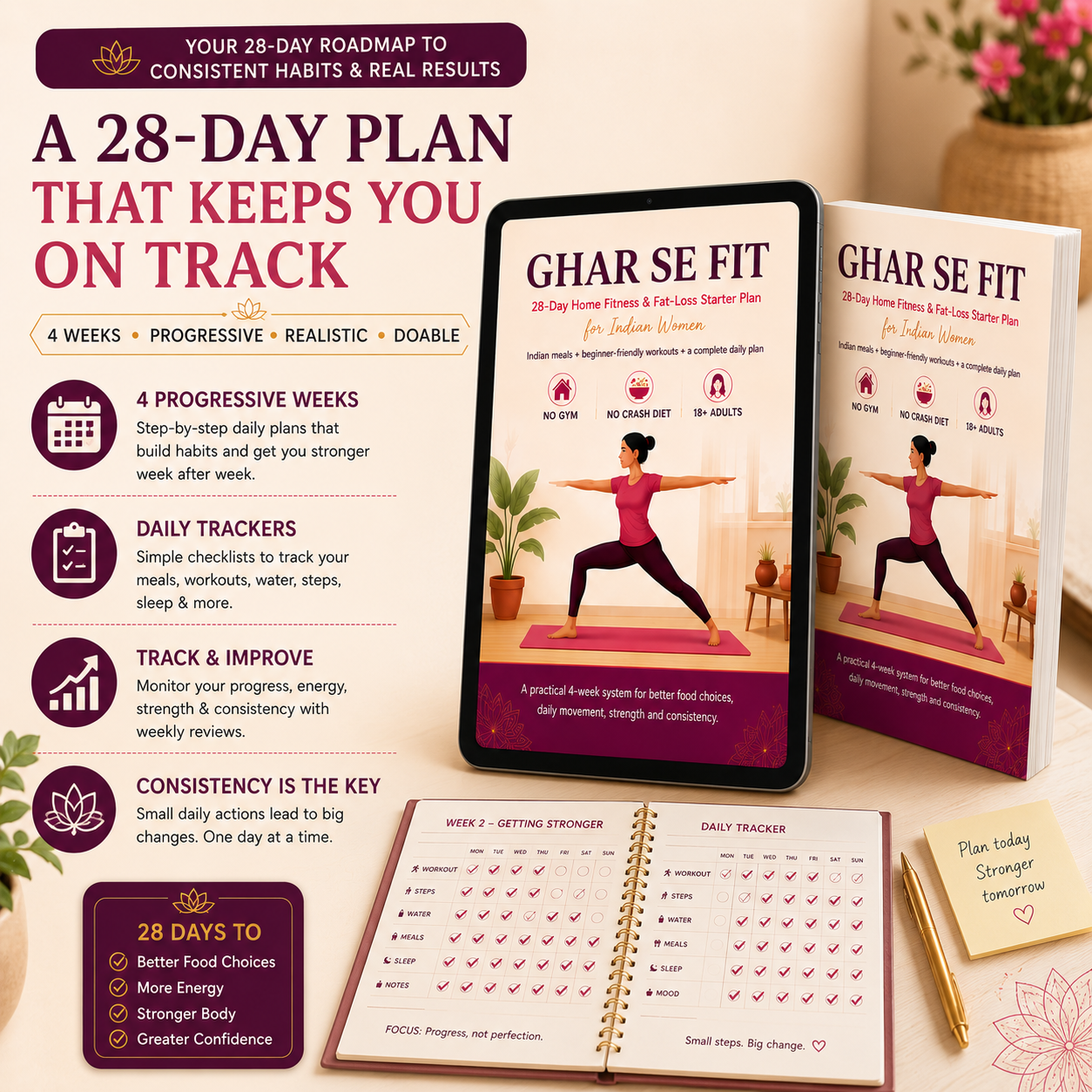 GHAR SE FIT | 28-Day Home Fitness & Healthy Eating Starter Plan for Indian Women (39-Page PDF)