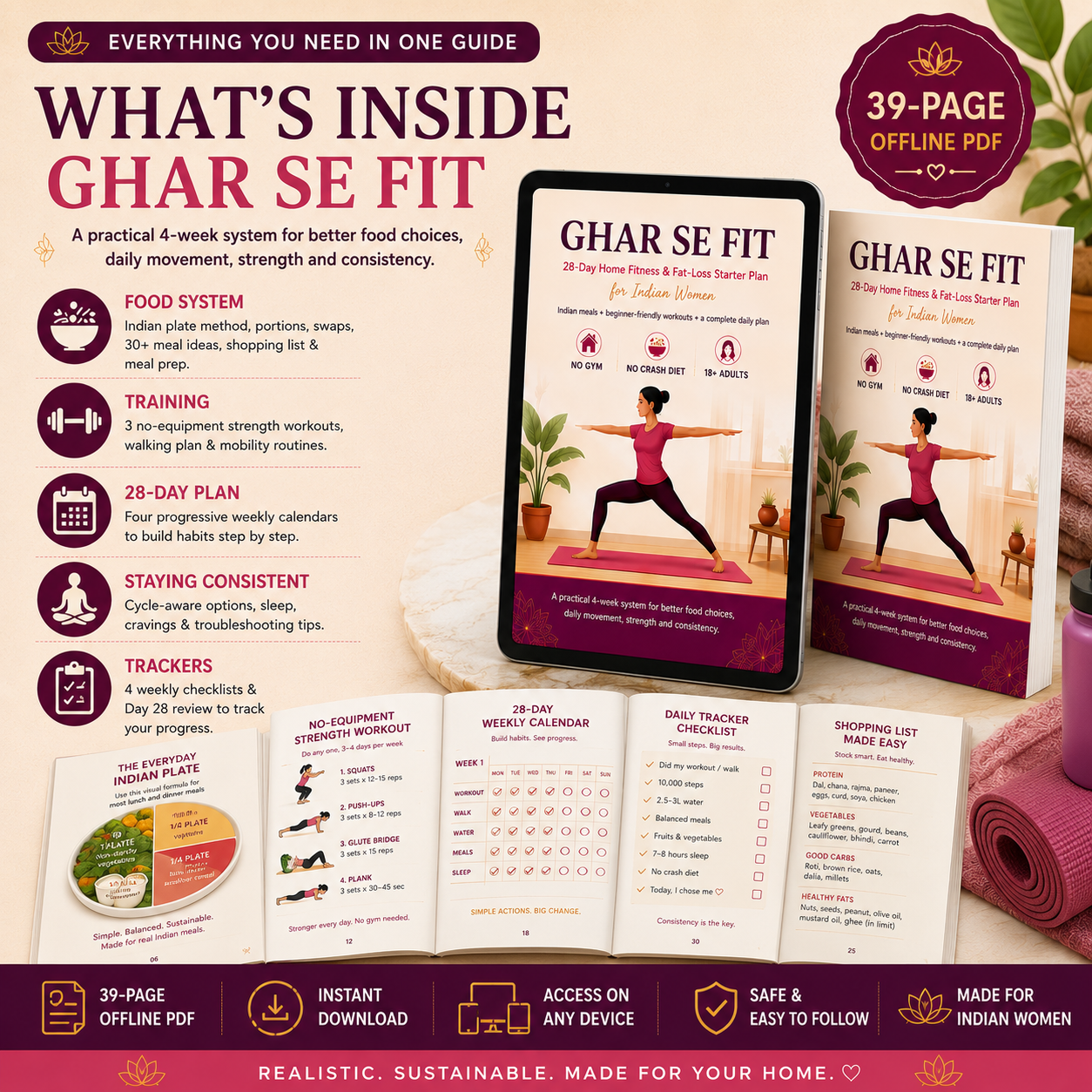 GHAR SE FIT | 28-Day Home Fitness & Healthy Eating Starter Plan for Indian Women (39-Page PDF)