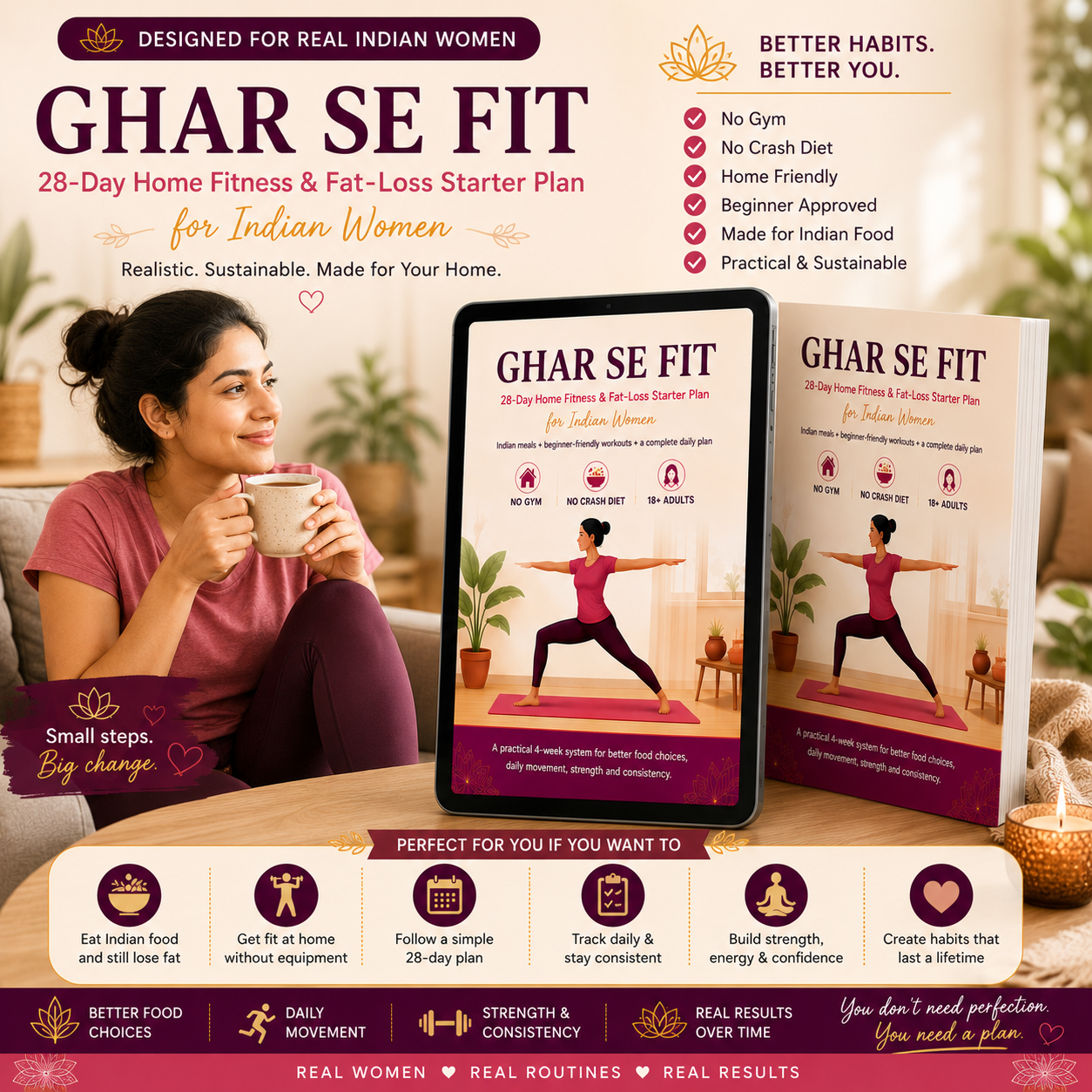 GHAR SE FIT | 28-Day Home Fitness & Healthy Eating Starter Plan for Indian Women (39-Page PDF)